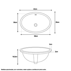 Lavamanos De Bajoponer Ovalado Blanco 30x38x18 Interno